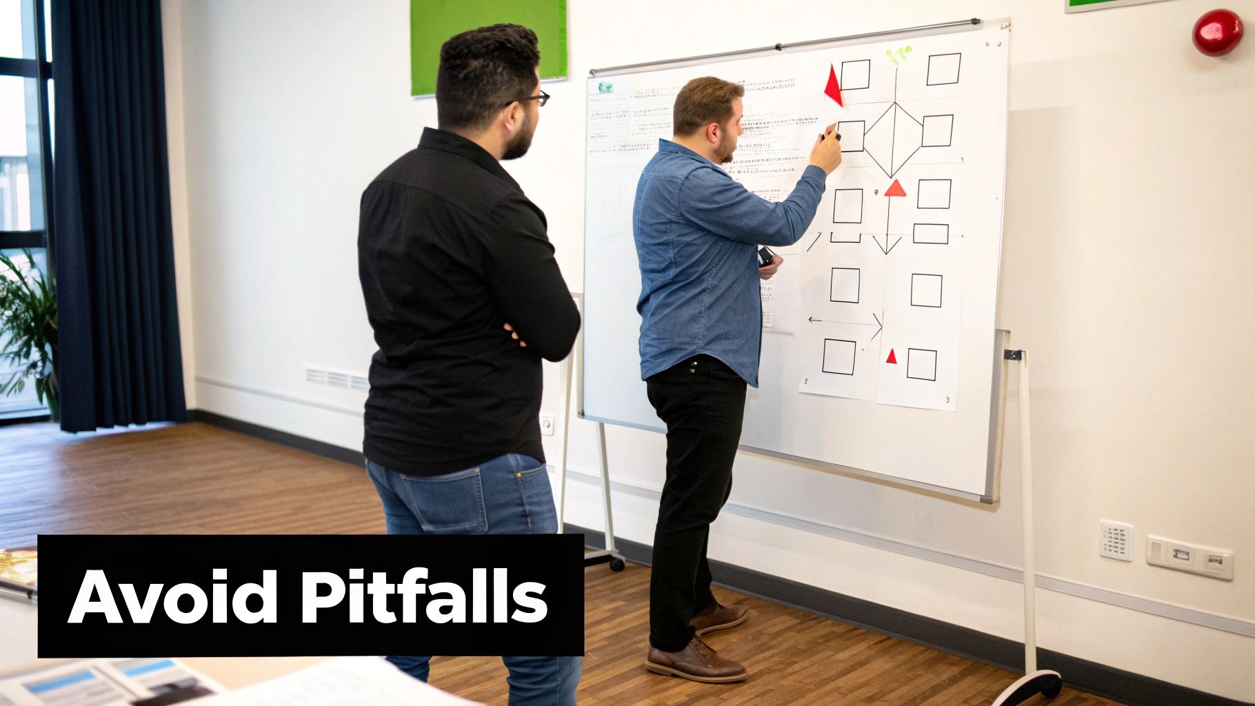 Two colleagues collaborate on a whiteboard, outlining a privacy process