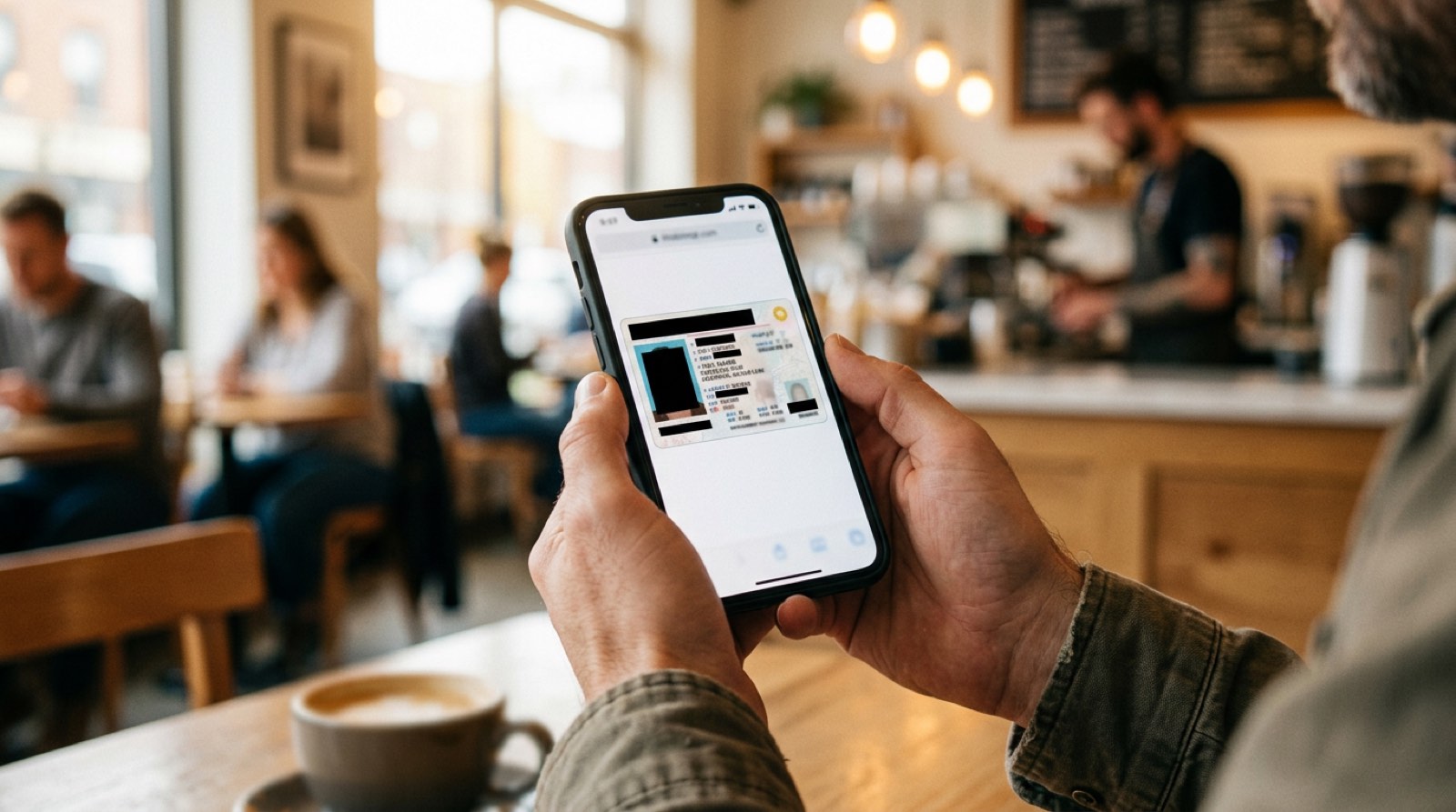 Smartphone showing a partially redacted driver's license in a cafe, demonstrating in-browser ID redaction