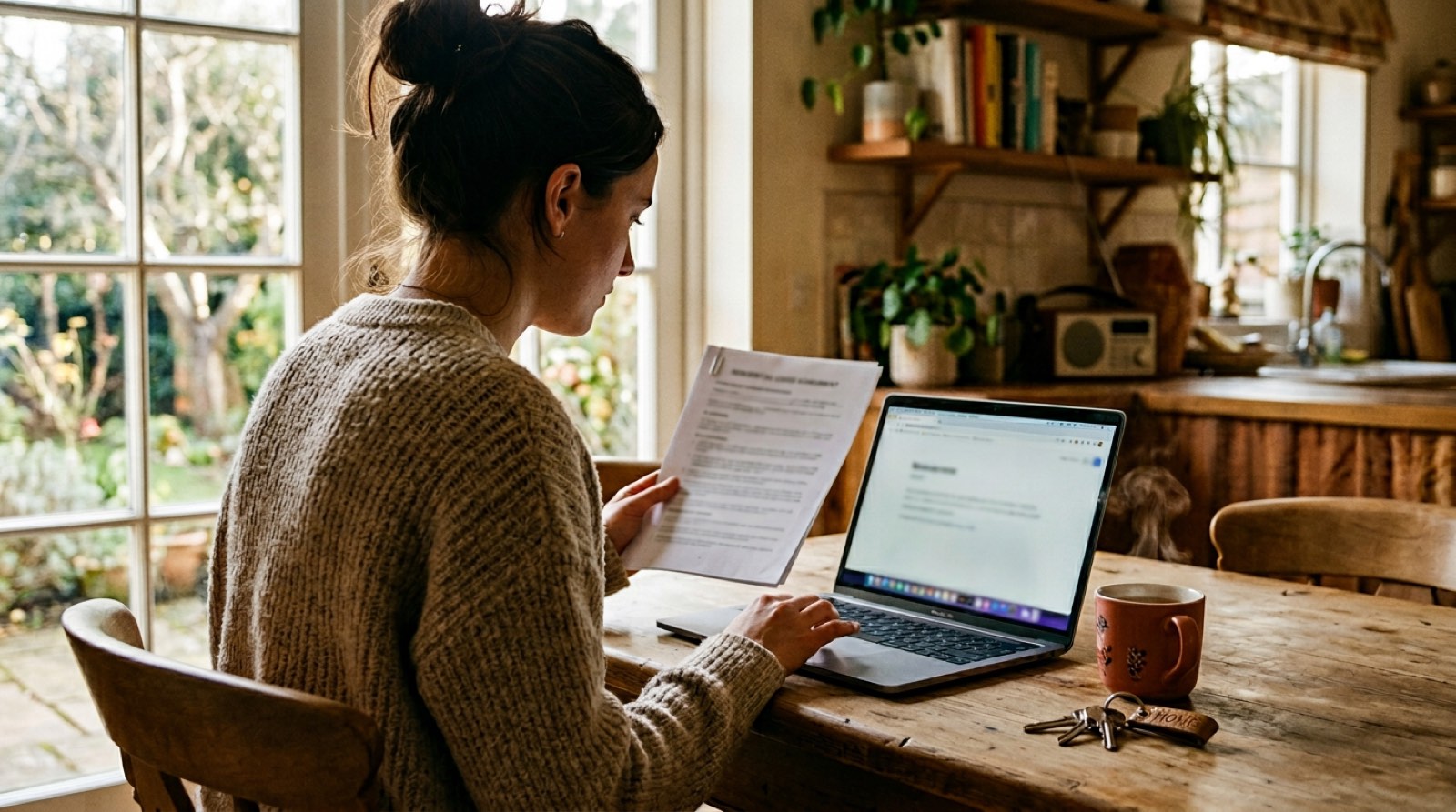 Person reviewing a printed lease agreement next to a laptop on a kitchen table — preparing a redacted lease