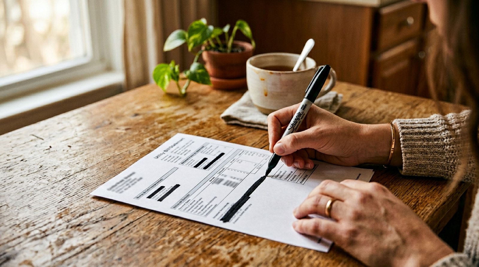 Hand holding a black marker about to redact sensitive fields on a printed utility bill for proof of address