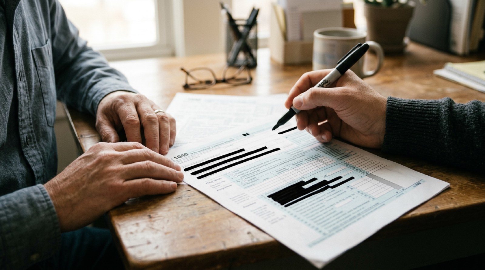 Person sitting at a wooden table redacting a printed tax form with a black marker — step-by-step W-2 redaction